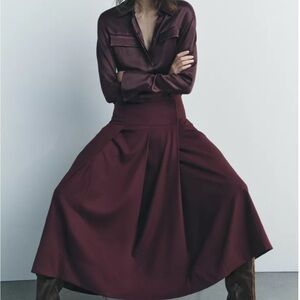 Zara Burgundy Midi Skirt with Flowing Panels